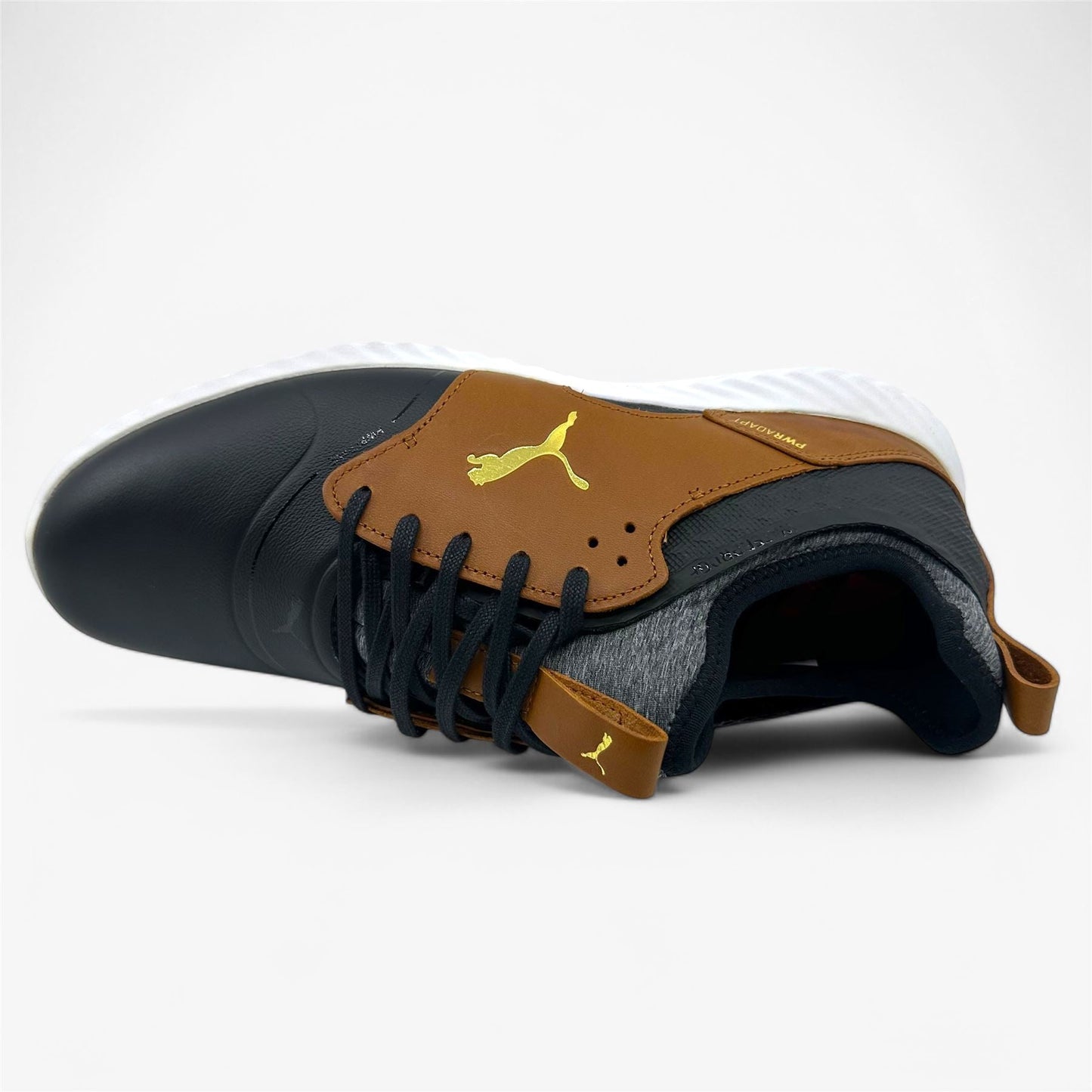 PUMA Pwradapt Caged Crafted Black Leather Brown Gold Mens Waterproof Golf Shoes