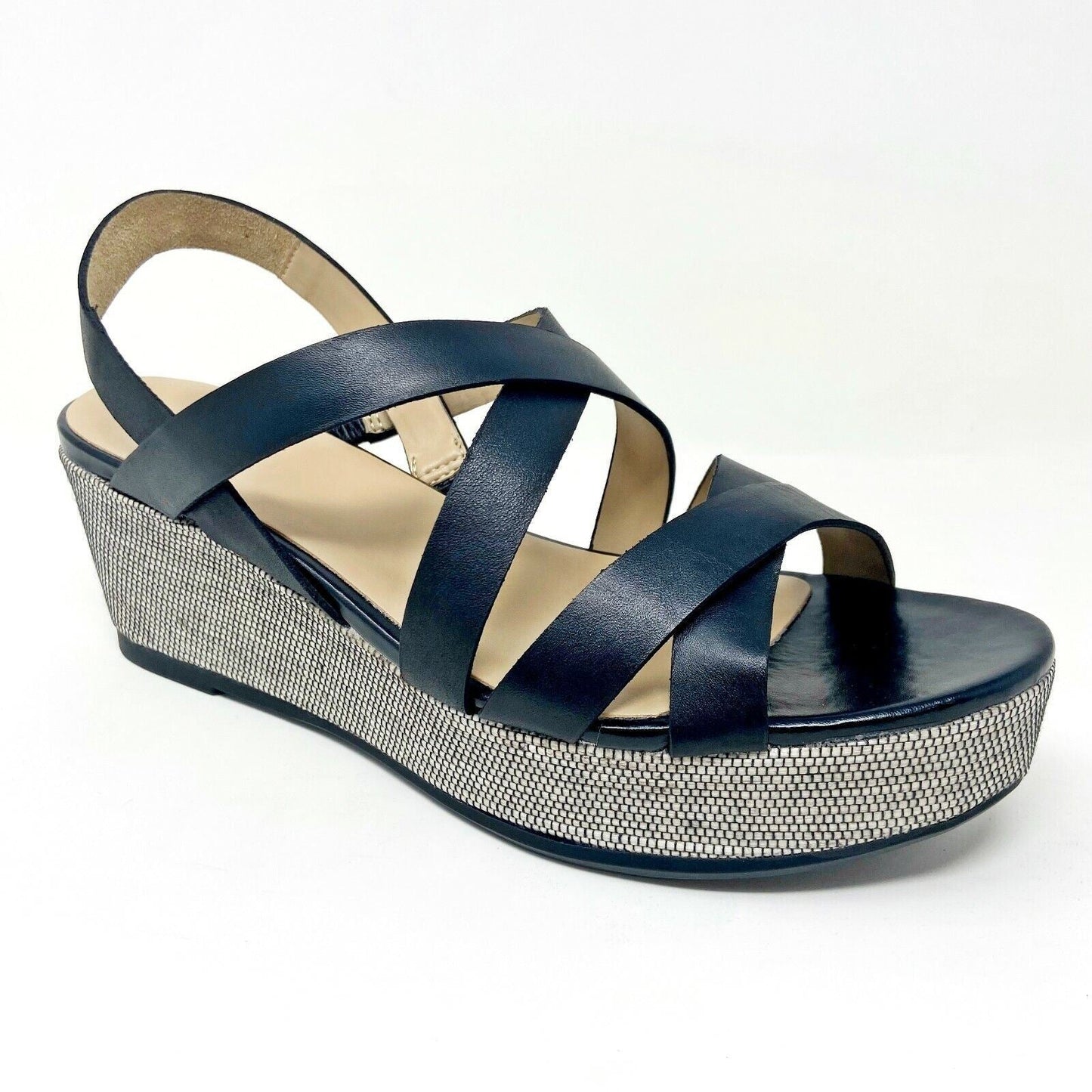 Naturalizer Unique Black Leather Womens Wedge Strappy Platform Sandals