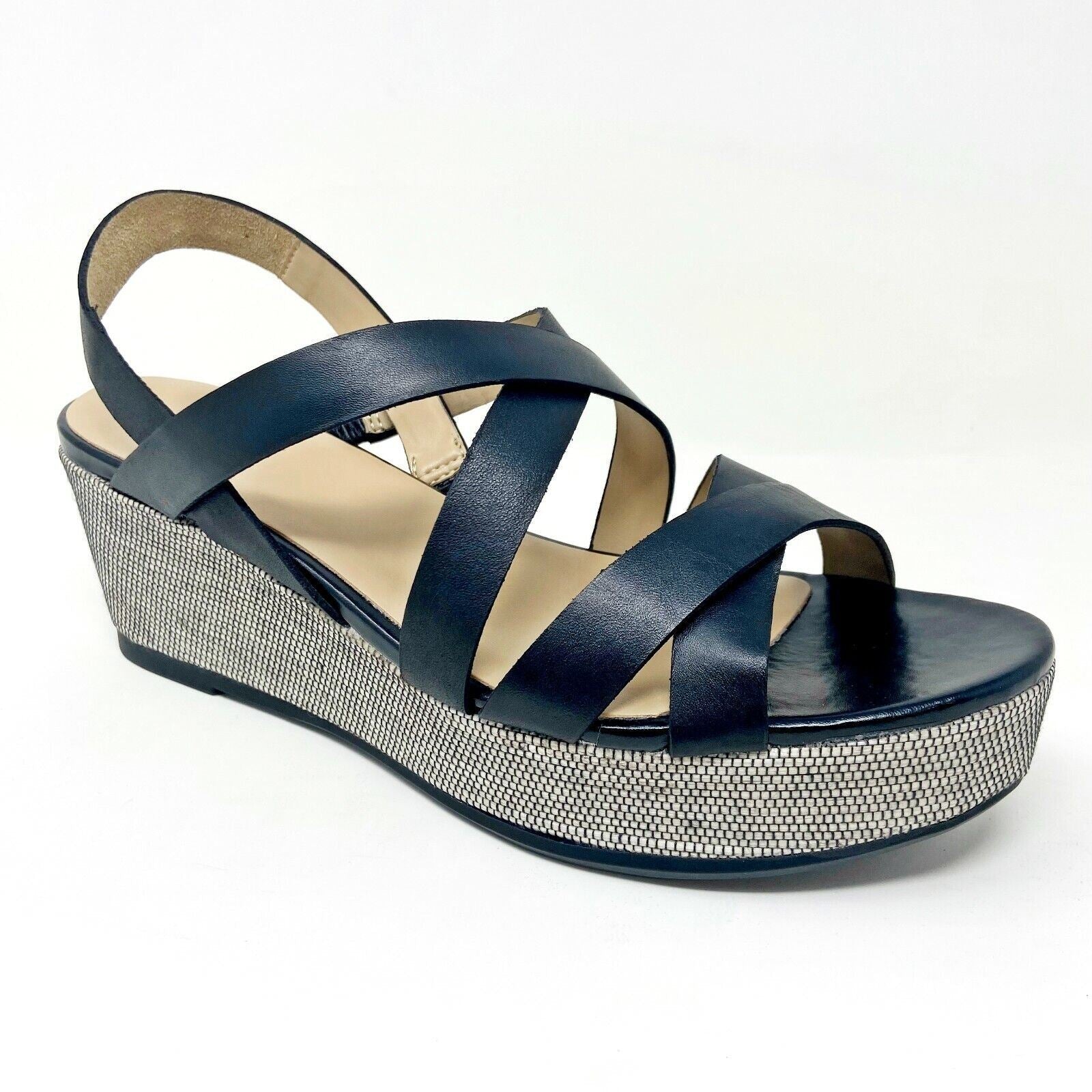 Naturalizer Unique Black Leather Womens Wedge Strappy Platform Sandals