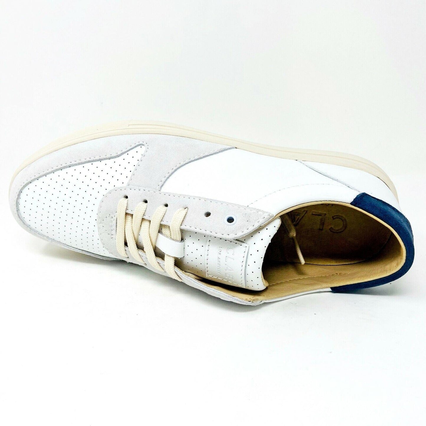 Clae Gregory White Full Grain Leather Navy Mens Size 7 Premium Casual Sneakers