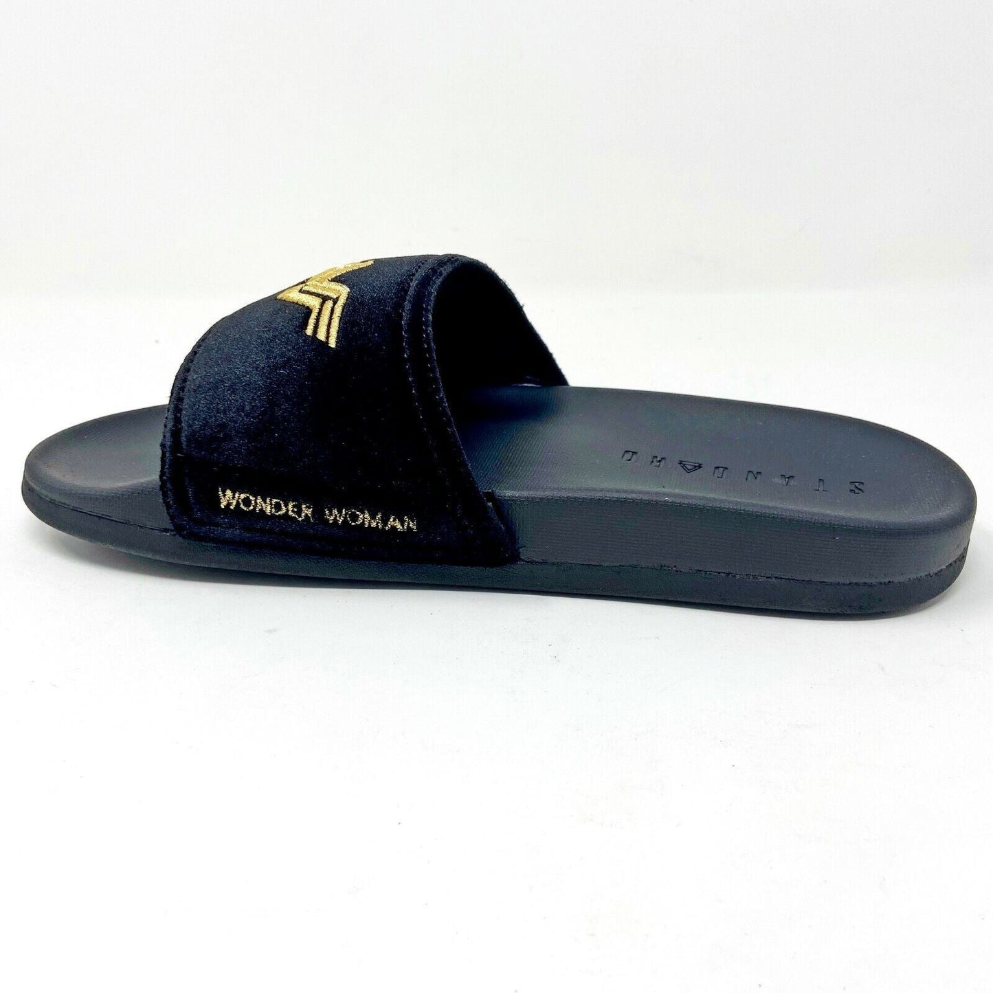 STNDRD Standard Monaco DC Comics Wonder Woman Black Gold Womens Slides Sandals