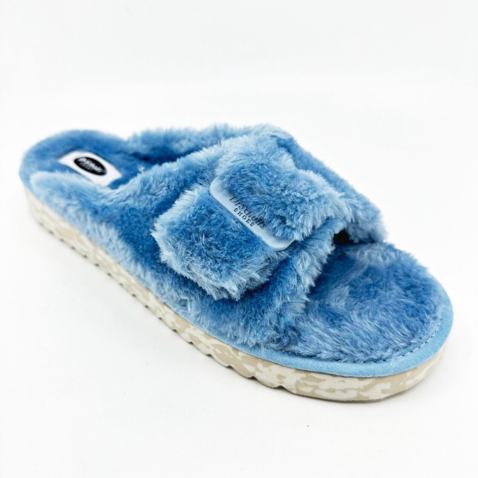 Dr Scholls Staycay OG Sky Blue Faux Fur Womens Slippers Slide Sandals