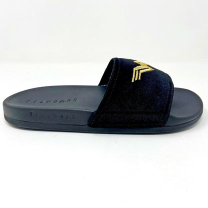 STNDRD Standard Monaco DC Comics Wonder Woman Black Gold Womens Slides Sandals