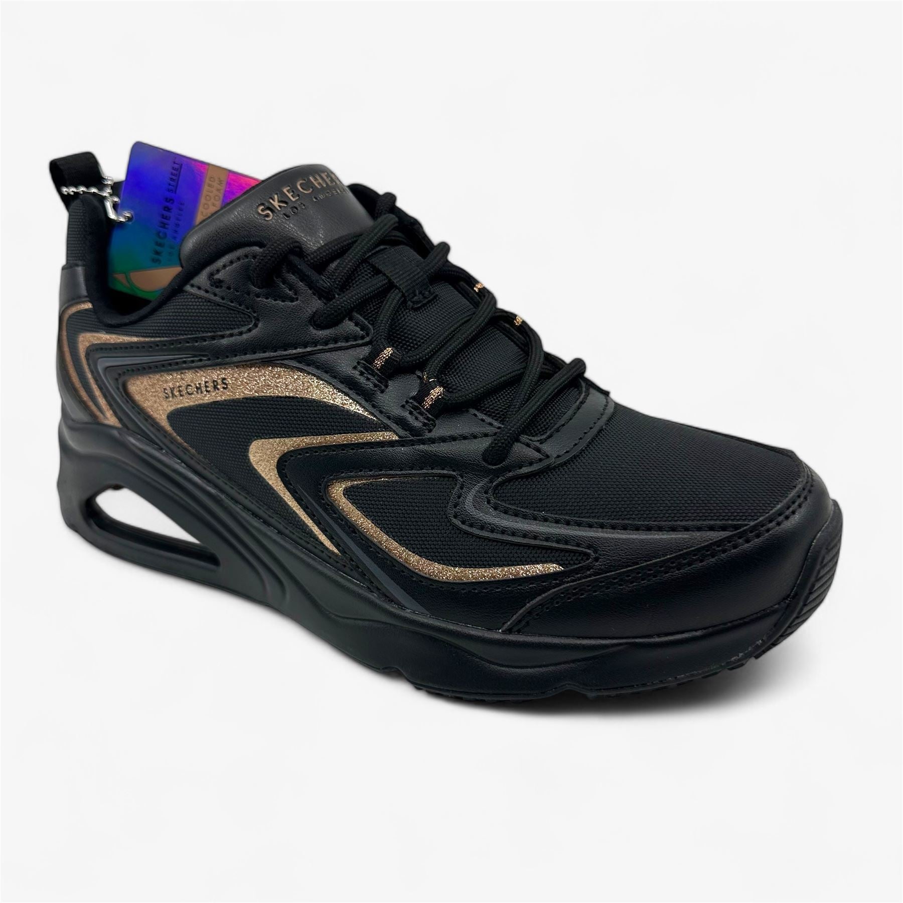 Skechers Tres Air Uno Shimm Airy Black Rose Gold Womens Athletic Sneaker