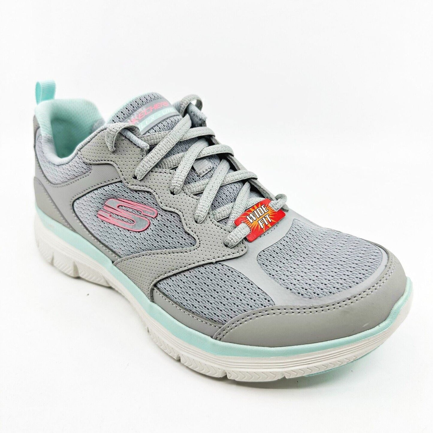 Skechers Flex Appeal 4.0 Active Flow Gray Light Blue Womens Wide Sneakers