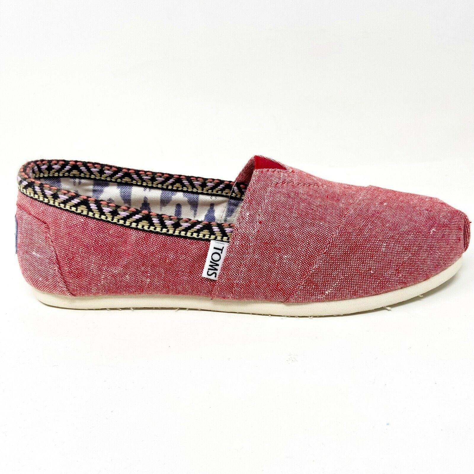 Toms Classics Red Chambray Trim Womens Slip On Casual Canvas Flat Shoes
