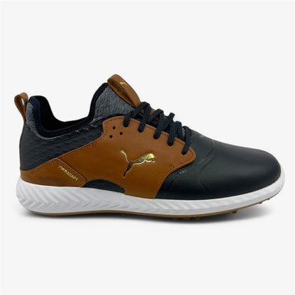 PUMA Pwradapt Caged Crafted Black Leather Brown Gold Mens Waterproof Golf Shoes