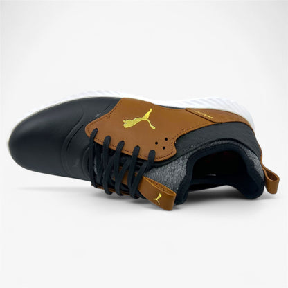 PUMA Pwradapt Caged Crafted Black Leather Brown Gold Mens Waterproof Golf Shoes