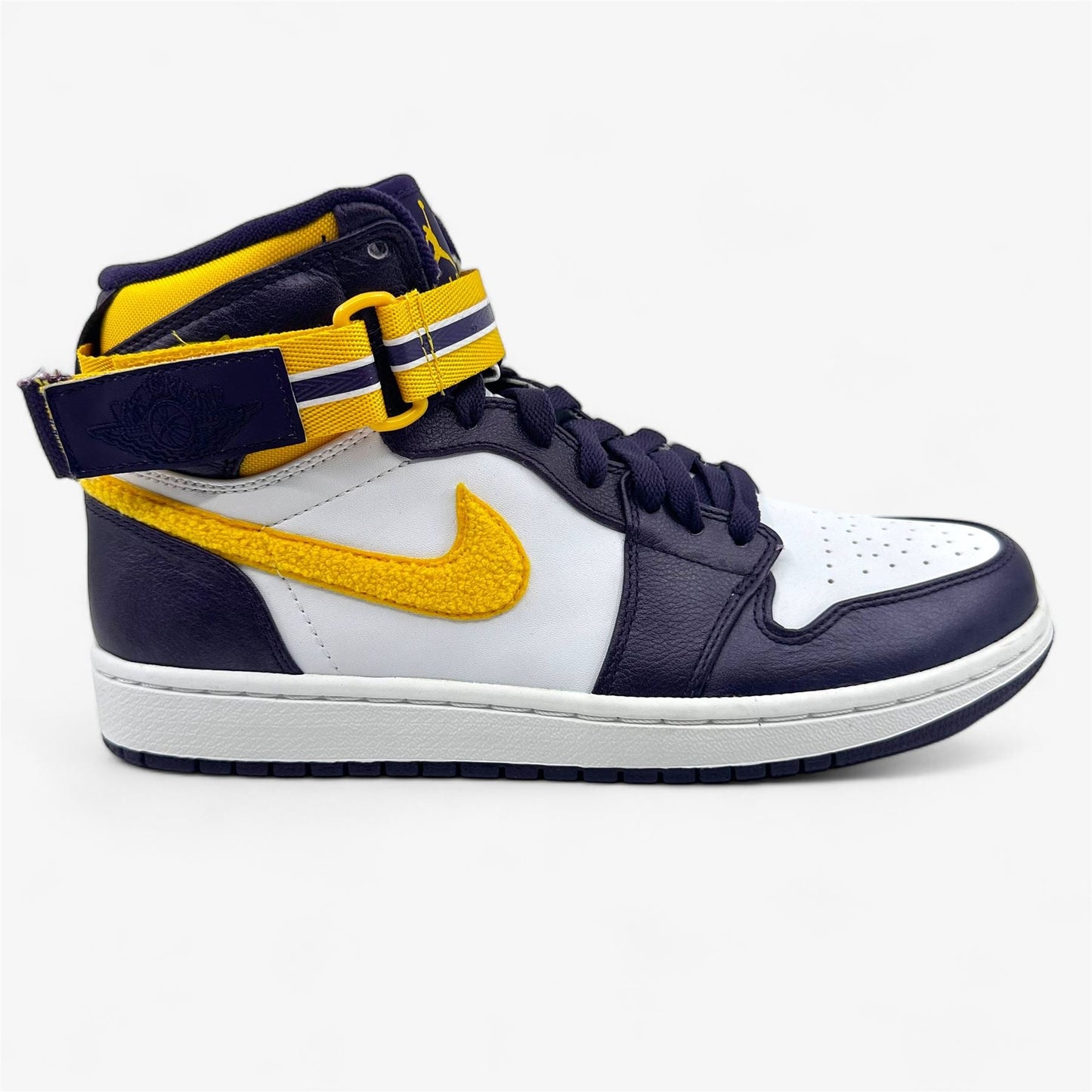 Jordan Air Jordan 1 High Strap Grand Purple Varsity Maize White Mens LA Lakers Sneaker