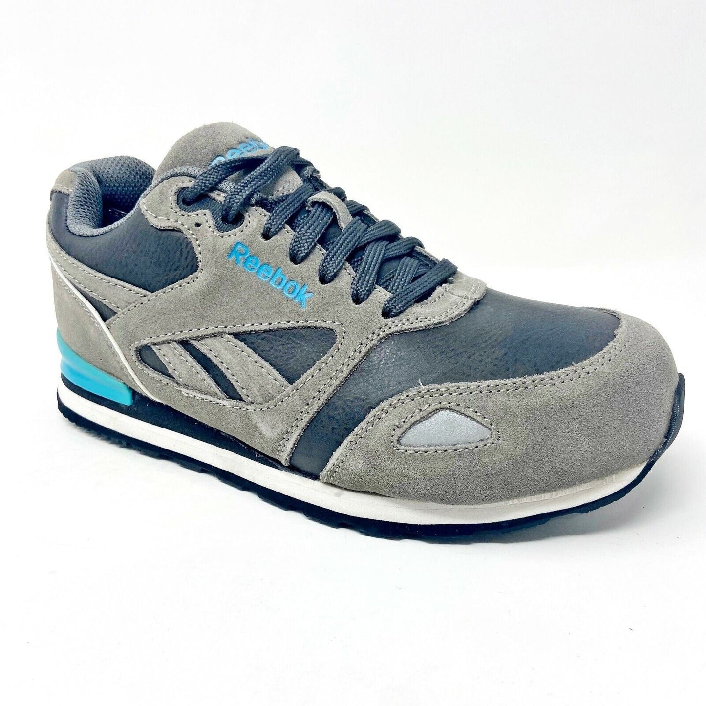 Reebok Work Prelaris Grey Blue Retro Womens Size 7.5 Wide Comp Toe Shoes SRB977