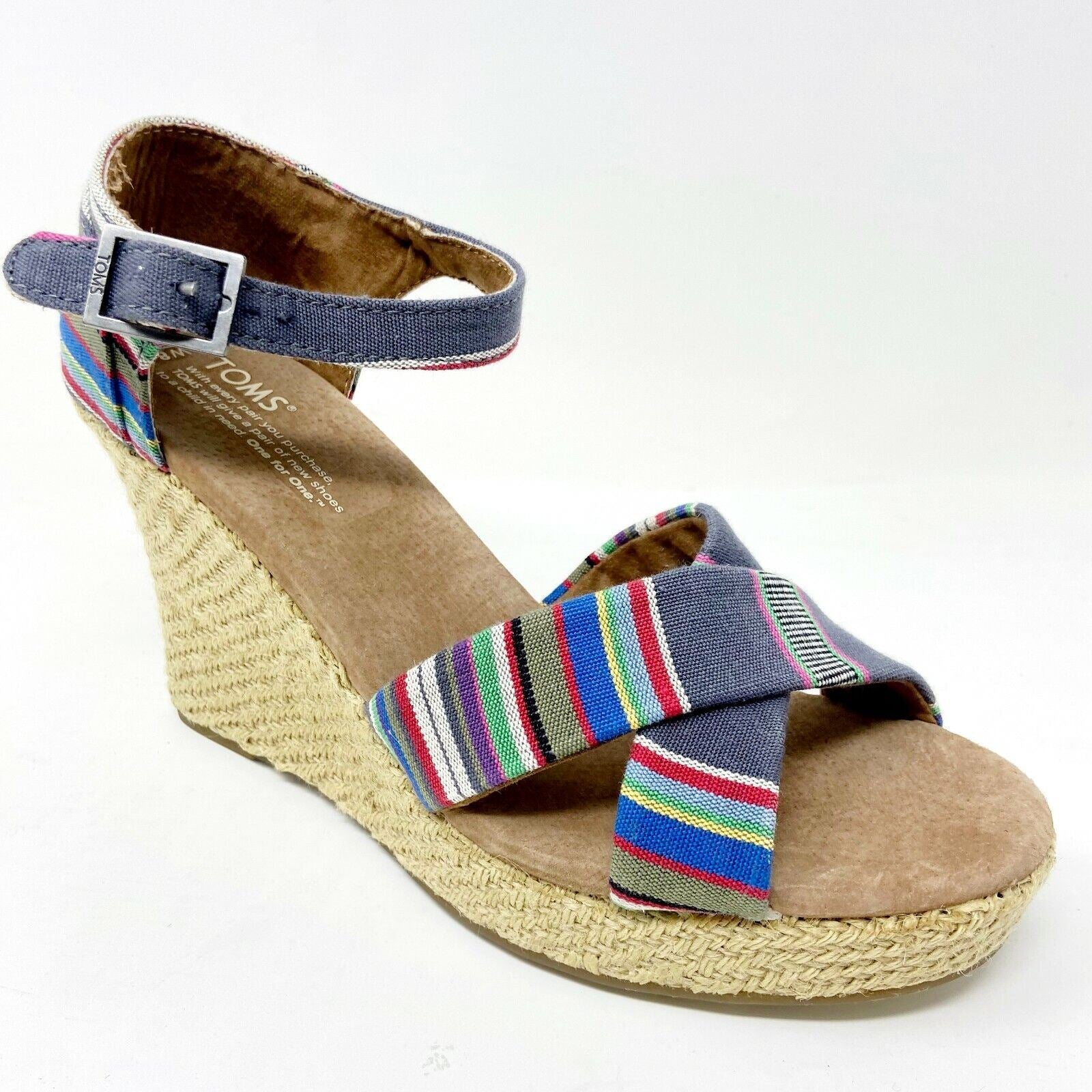 Toms Strappy Wedge Denim Stripe Womens Canvas Platform Heel Shoes