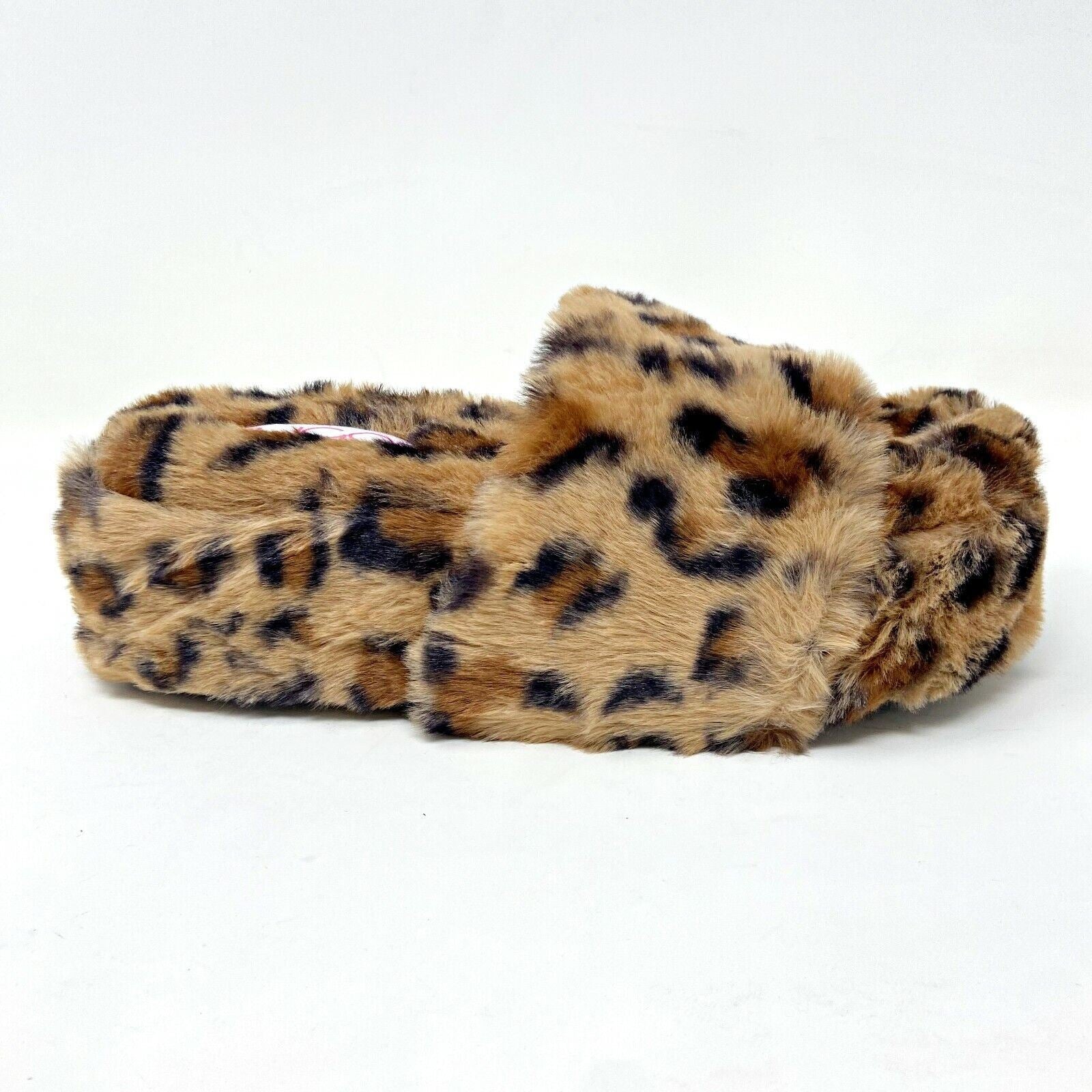 Sugar Wryde Leopard Brown Platform Womens Fluffy Slip On Slipper Warm Sandals