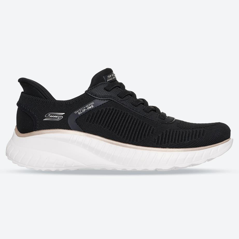 Women's Wide Fit Skechers Slip-ins 117497 Waves Bobs Sport Squad Trainers - Black/Gold