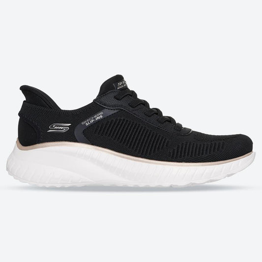 Women's Wide Fit Skechers Slip-ins 117497 Waves Bobs Sport Squad Trainers - Black/Gold