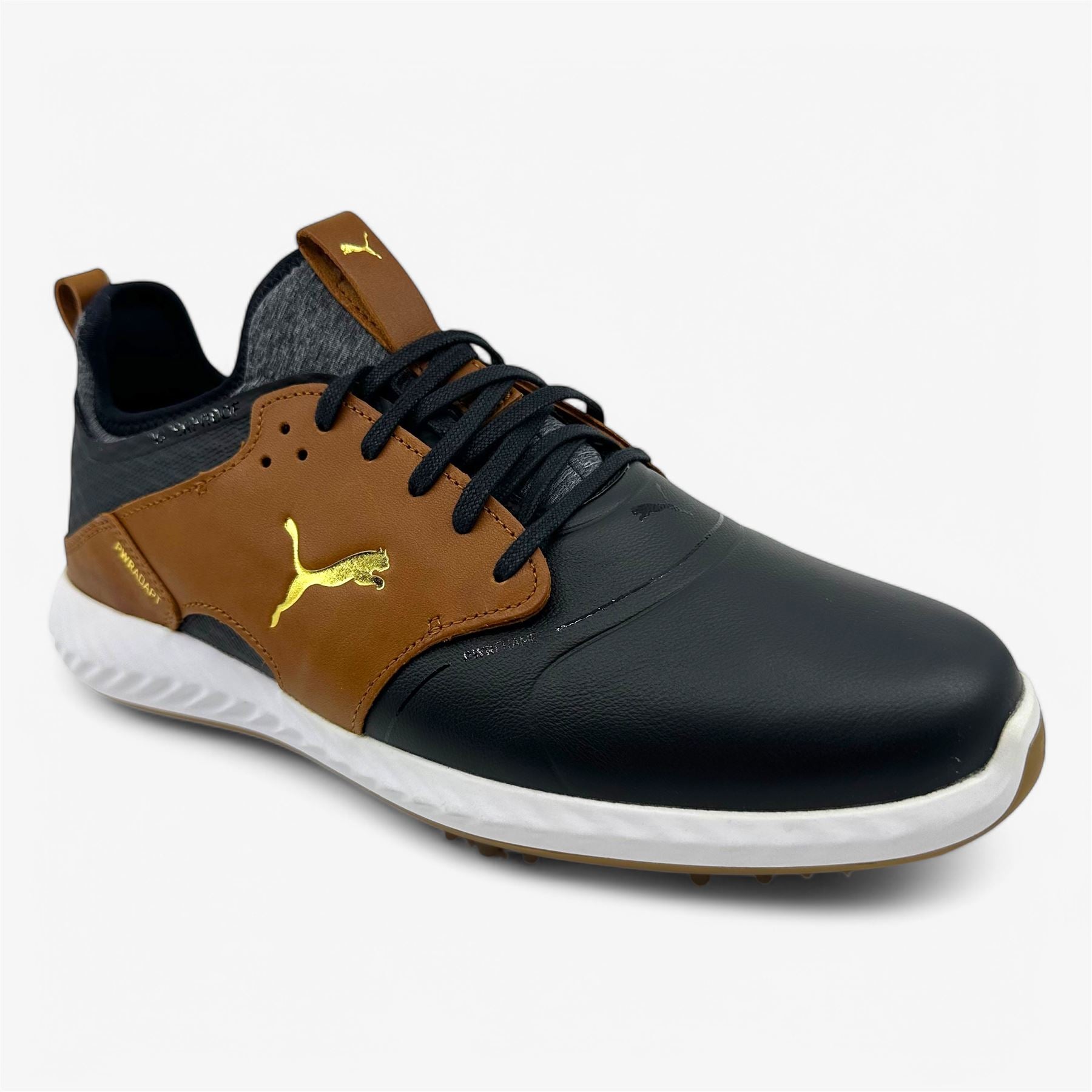 PUMA Pwradapt Caged Crafted Black Leather Brown Gold Mens Waterproof Golf Shoes