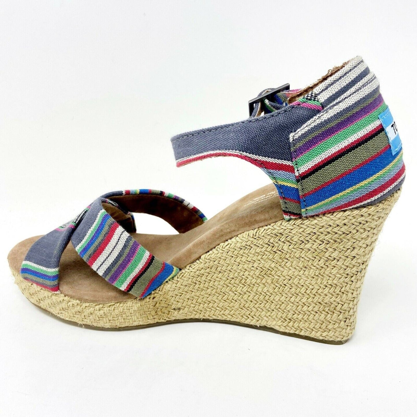 Toms Strappy Wedge Denim Stripe Womens Canvas Platform Heel Shoes