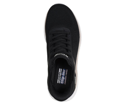 Women's Wide Fit Skechers Slip-ins 117497 Waves Bobs Sport Squad Trainers - Black/Gold