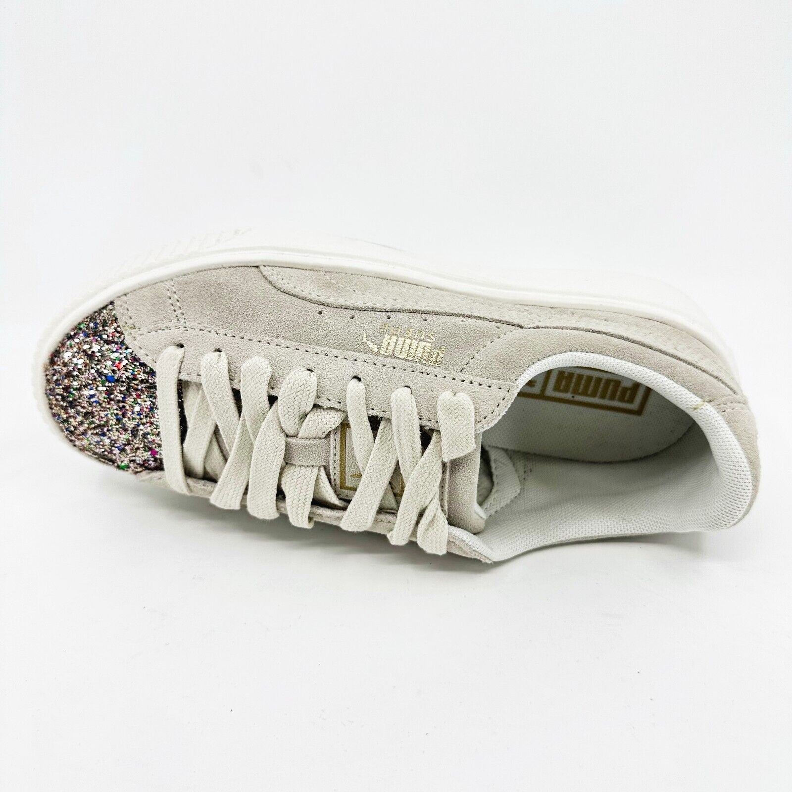 Puma Suede Platform Crushed Gem Marshmallow Metallic Gold Womens 365866 02