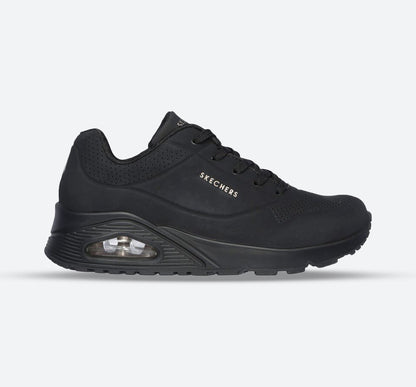 Women's Wide Fit Skechers 73690 Uno Stand On Air Walking Street Wear Trainers - Black/Black