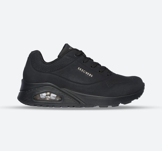 Women's Wide Fit Skechers 73690 Uno Stand On Air Walking Street Wear Trainers - Black/Black