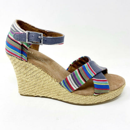 Toms Strappy Wedge Denim Stripe Womens Canvas Platform Heel Shoes