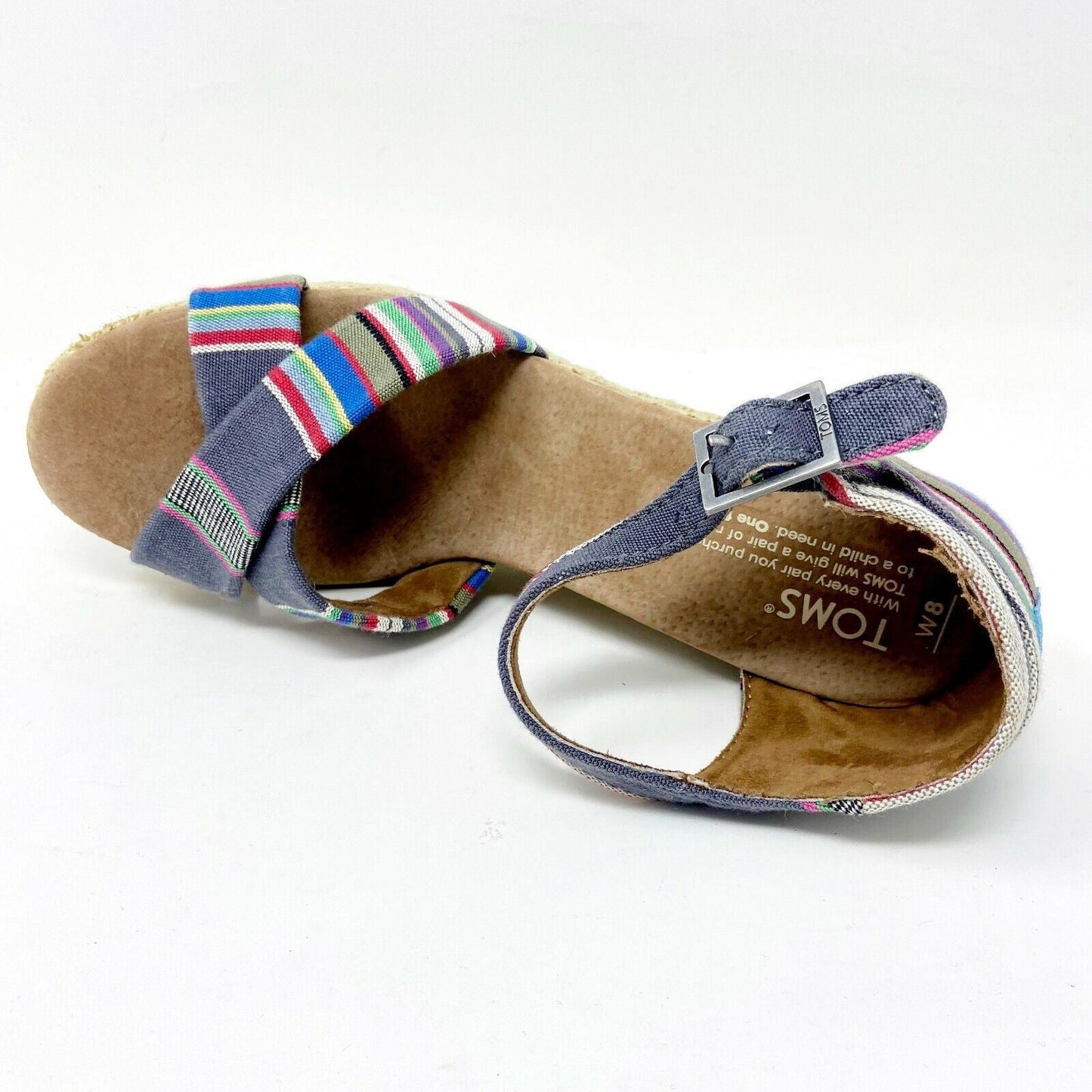 Toms Strappy Wedge Denim Stripe Womens Canvas Platform Heel Shoes