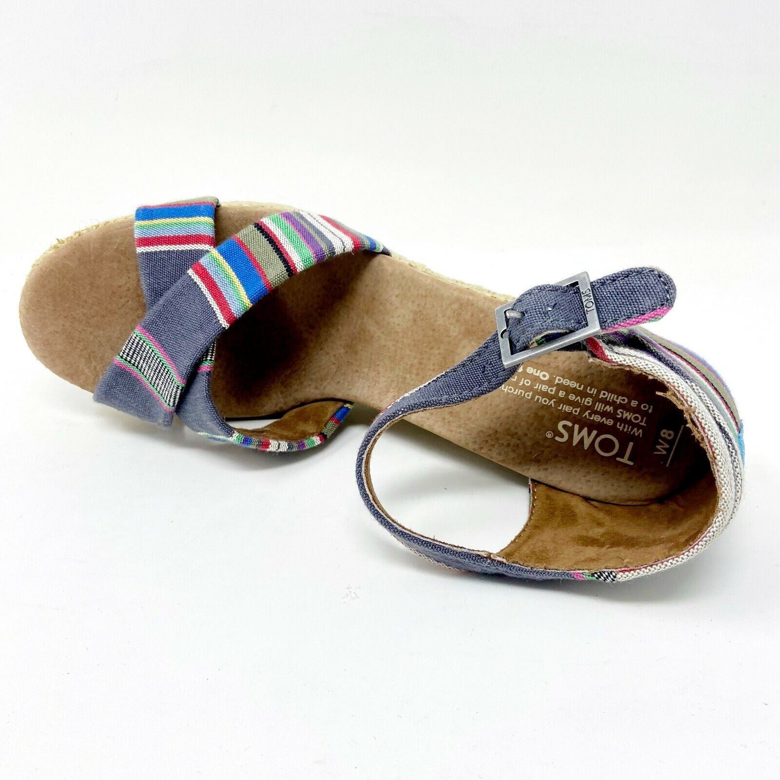 Toms Strappy Wedge Denim Stripe Womens Canvas Platform Heel Shoes