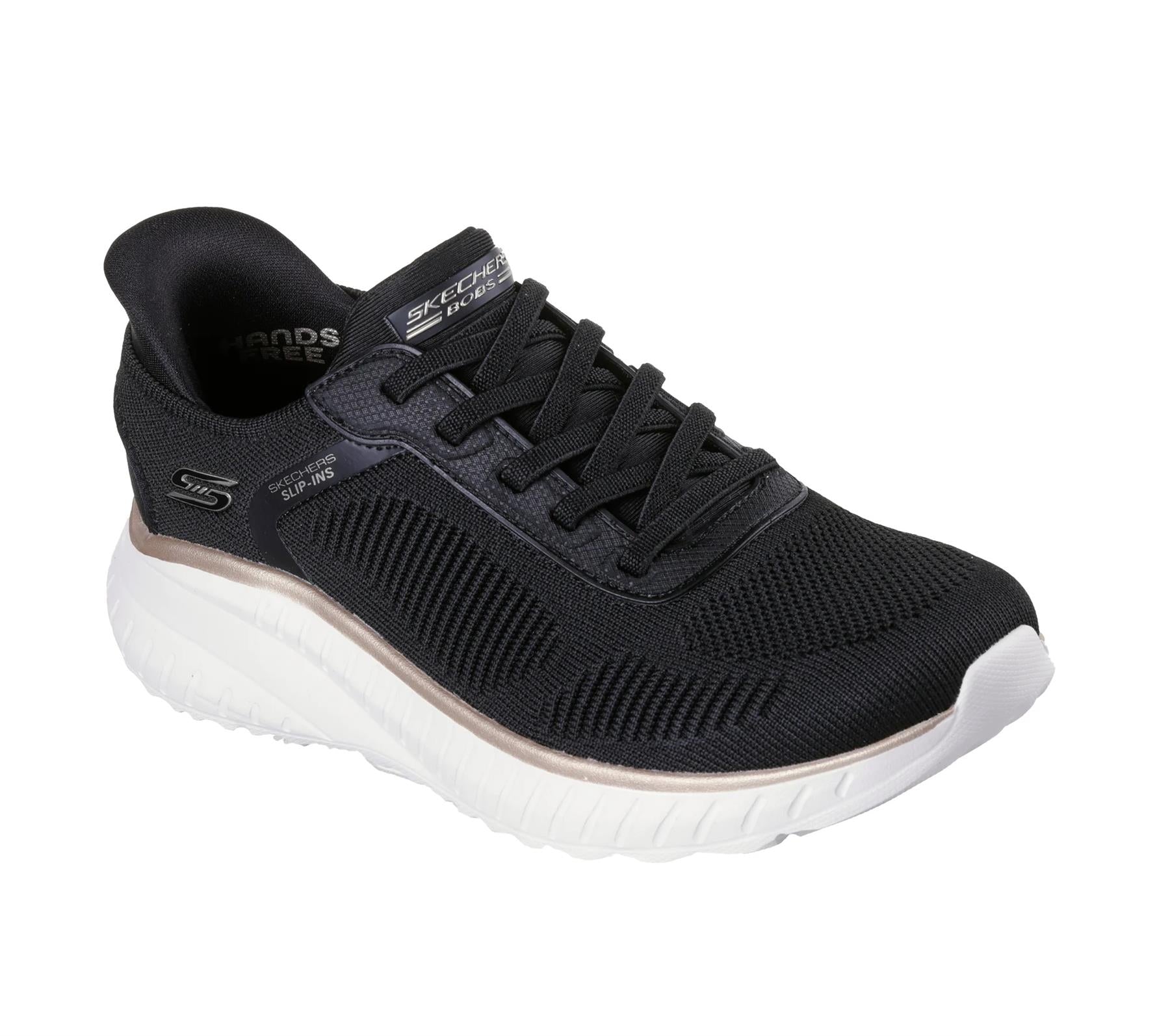 Women's Wide Fit Skechers Slip-ins 117497 Waves Bobs Sport Squad Trainers - Black/Gold