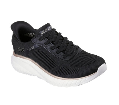 Women's Wide Fit Skechers Slip-ins 117497 Waves Bobs Sport Squad Trainers - Black/Gold