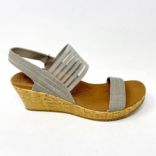 Skechers Beverlee Smitten Kitten Taupe Womens Size 10 Wedge Foam Strap Sandals