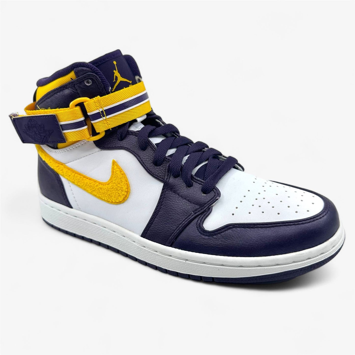 Jordan Air Jordan 1 High Strap Grand Purple Varsity Maize White Mens LA Lakers Sneaker