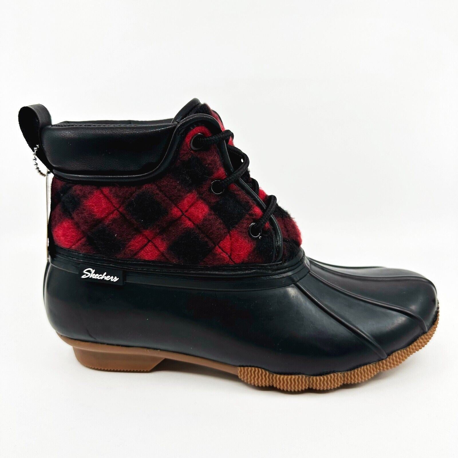 Skechers Pond Good Plaid Black Red Womens Size 7 Rubber Duck Boots