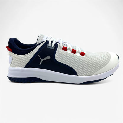 PUMA Fusion Grip White Silver Navy Mens Extra Wide Spikeless Golf Shoes