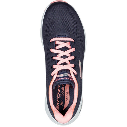 Women's Wide Fit Skechers 149057 Unny Outlook Sports Trainers - Navy Mesh/Coral
