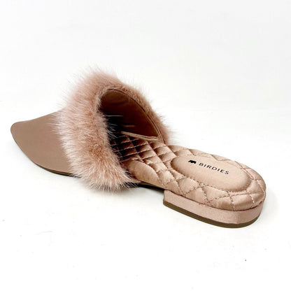 Birdies The Dove French Rose Womens Mink Fur Pointed Toe Slip On Mules
