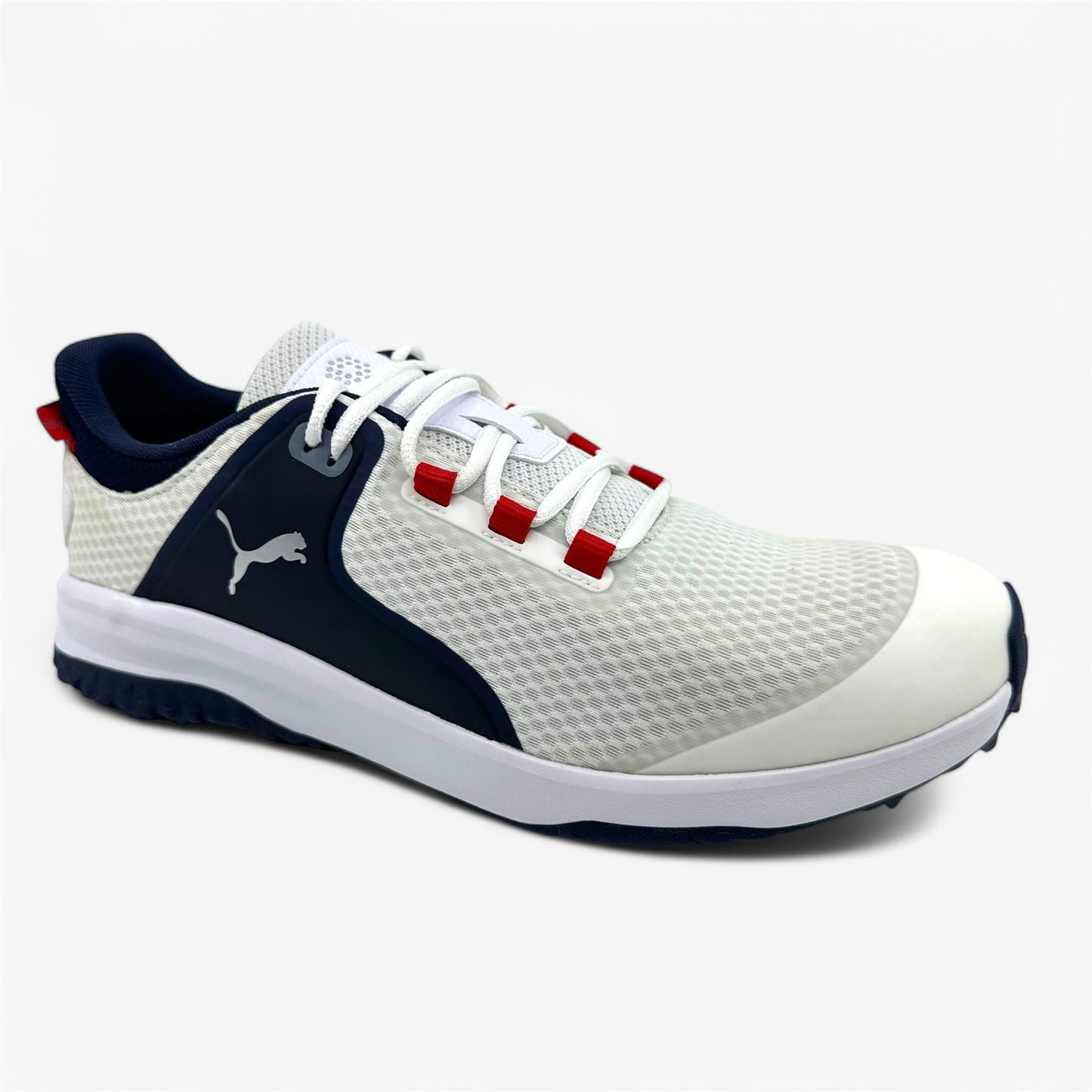 PUMA Fusion Grip White Silver Navy Mens Extra Wide Spikeless Golf Shoes