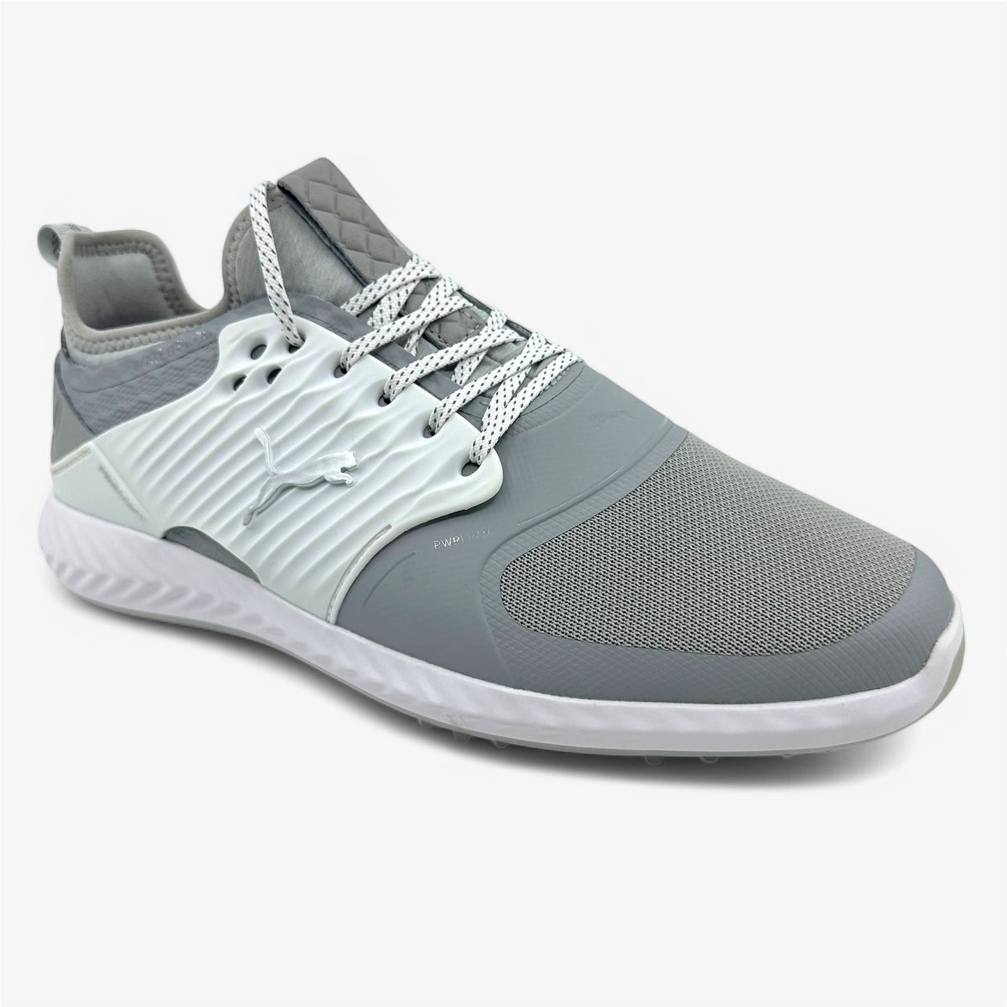 PUMA Ignite Pwradapt Caged Gray Violet Silver Mens Wide Waterproof Golf Shoes