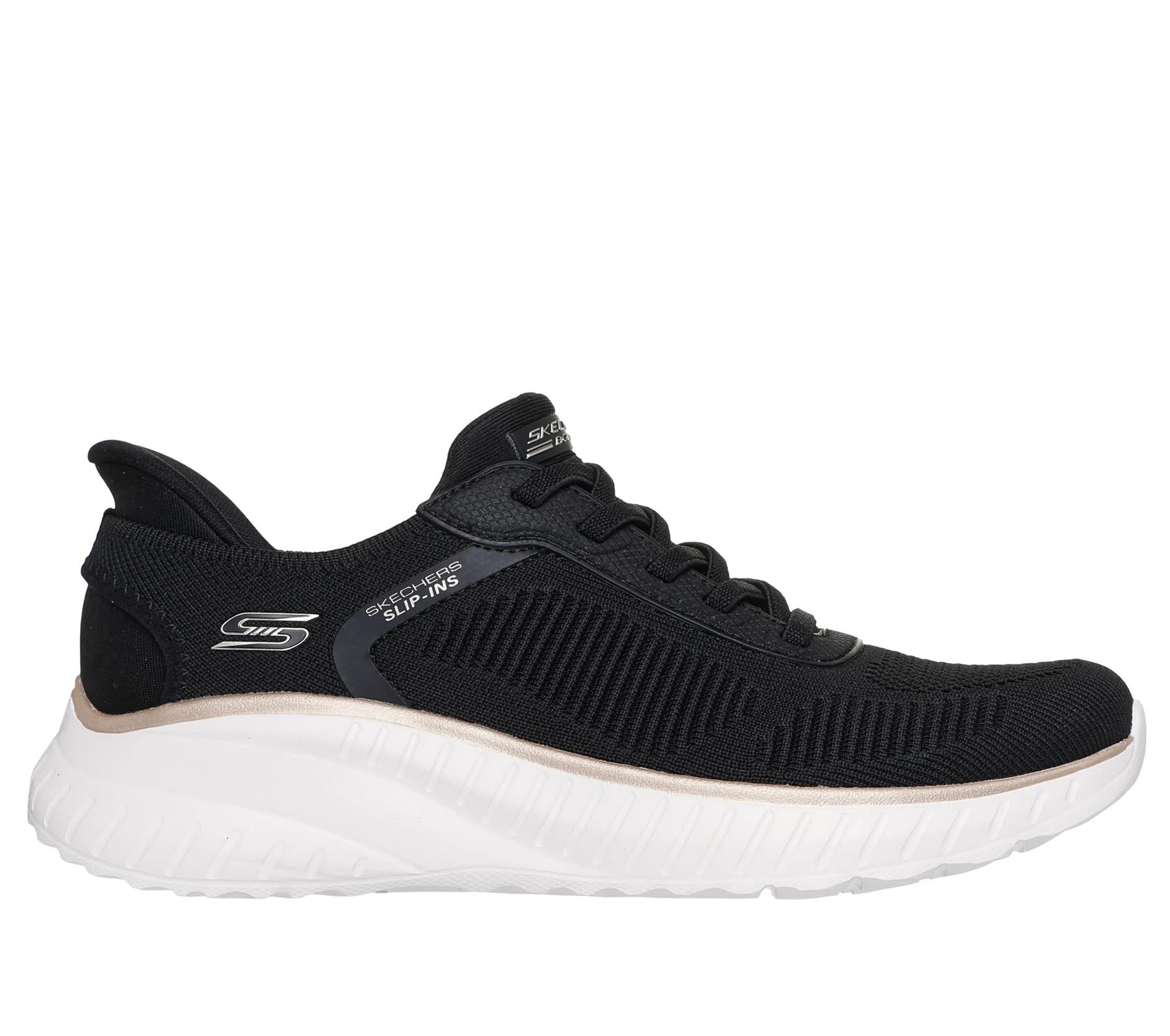 Women's Wide Fit Skechers Slip-ins 117497 Waves Bobs Sport Squad Trainers - Black/Gold