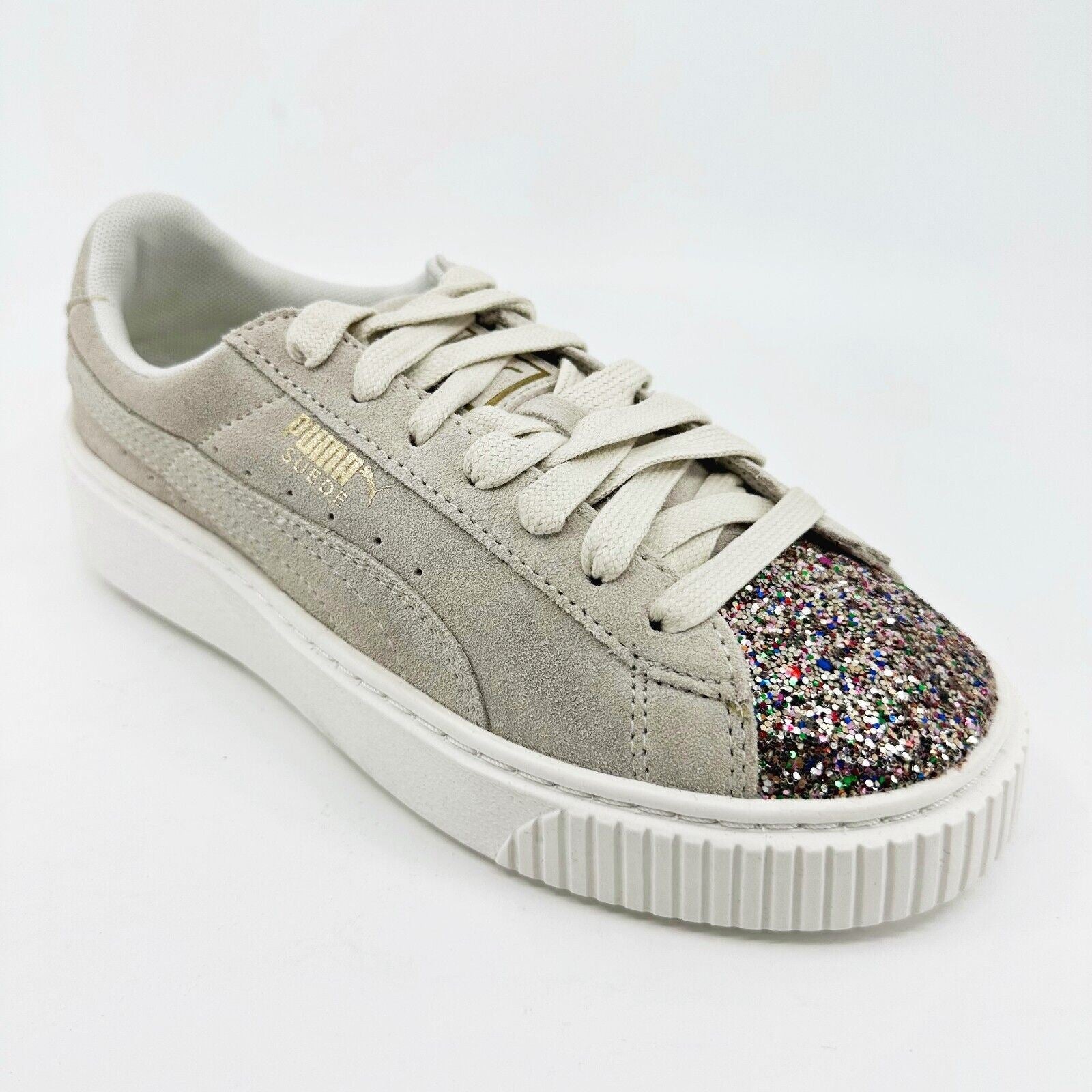 Puma Suede Platform Crushed Gem Marshmallow Metallic Gold Womens 365866 02