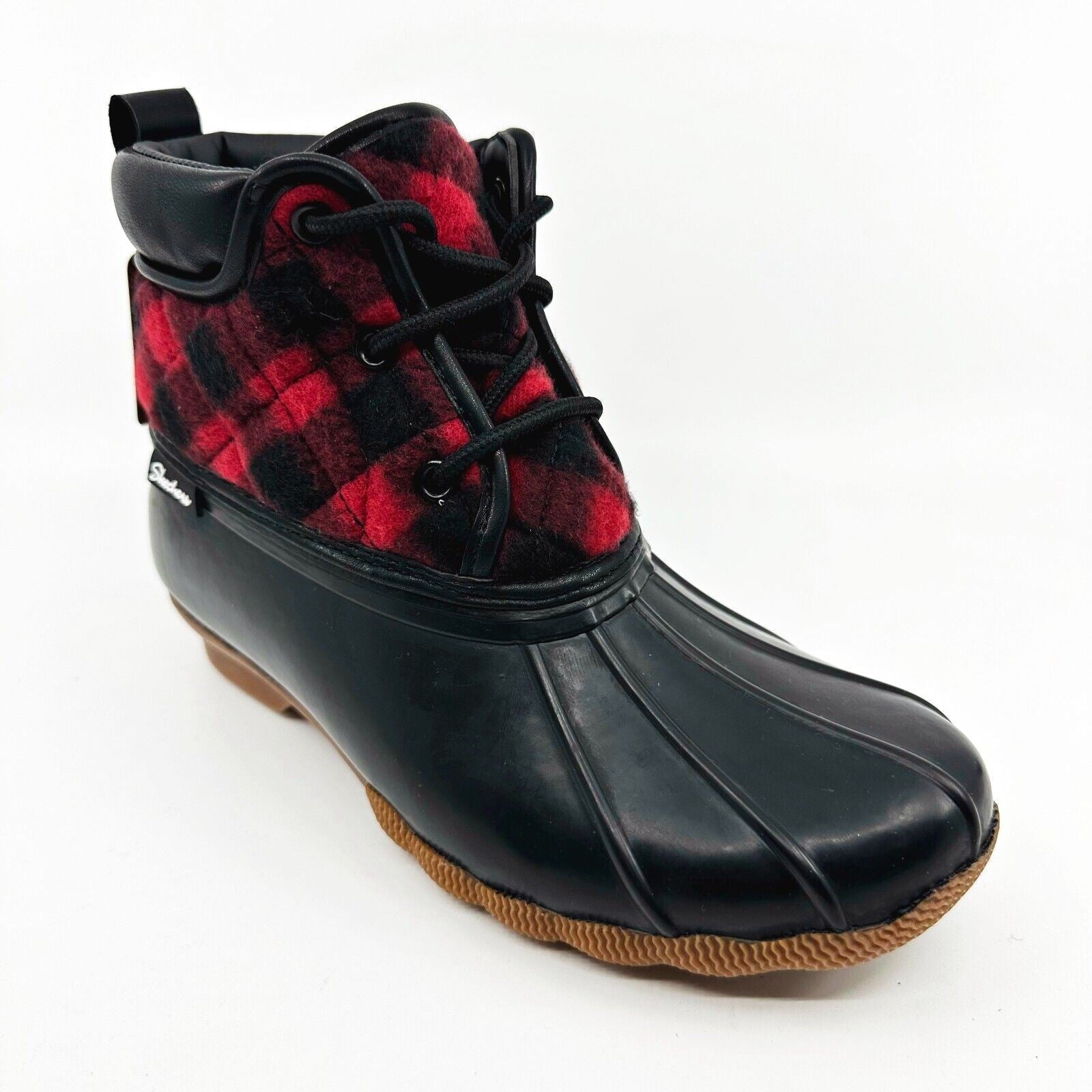 Skechers Pond Good Plaid Black Red Womens Size 7 Rubber Duck Boots