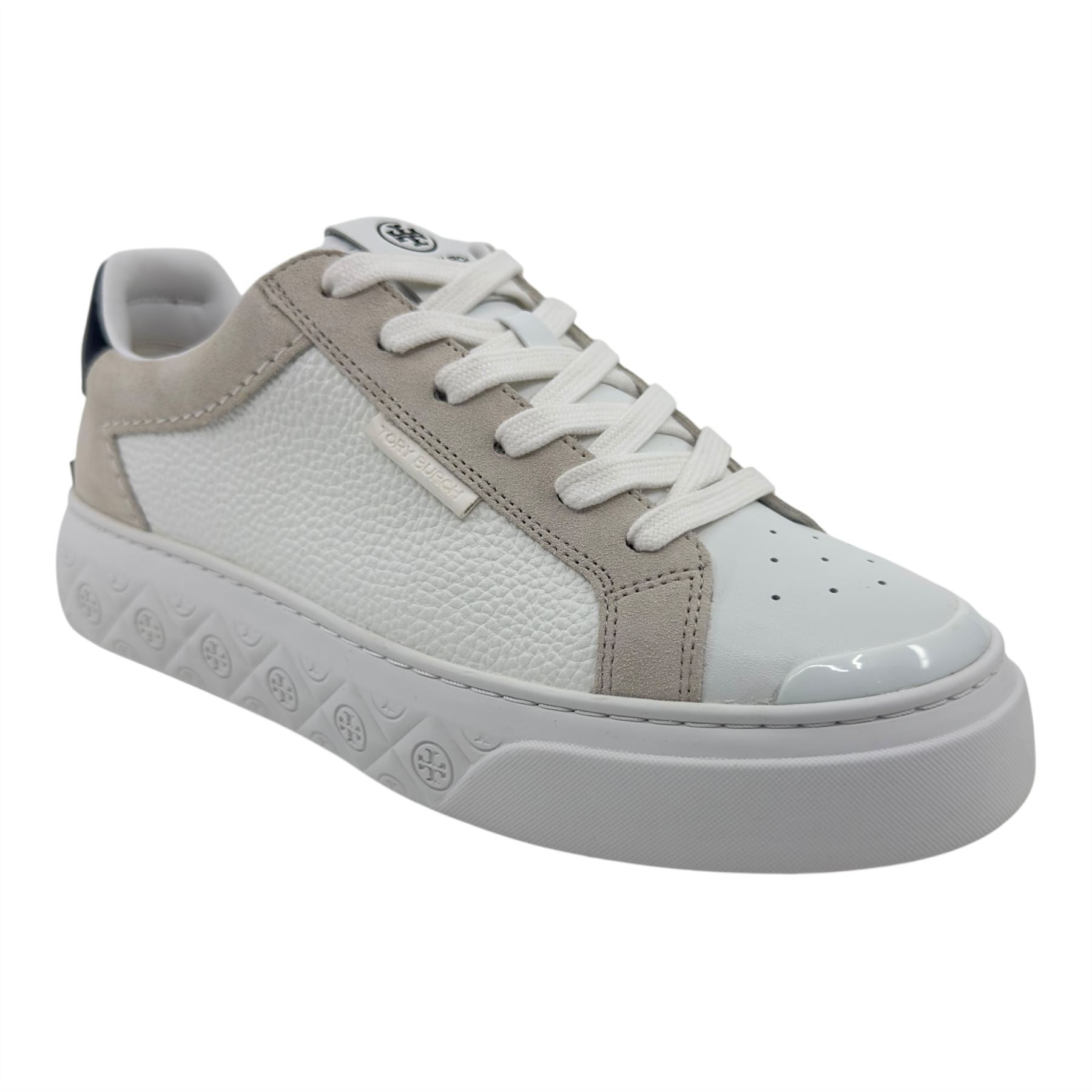 Tory Burch Ladybug Titanium White Black Womens Casual Tumbled Leather Sneaker