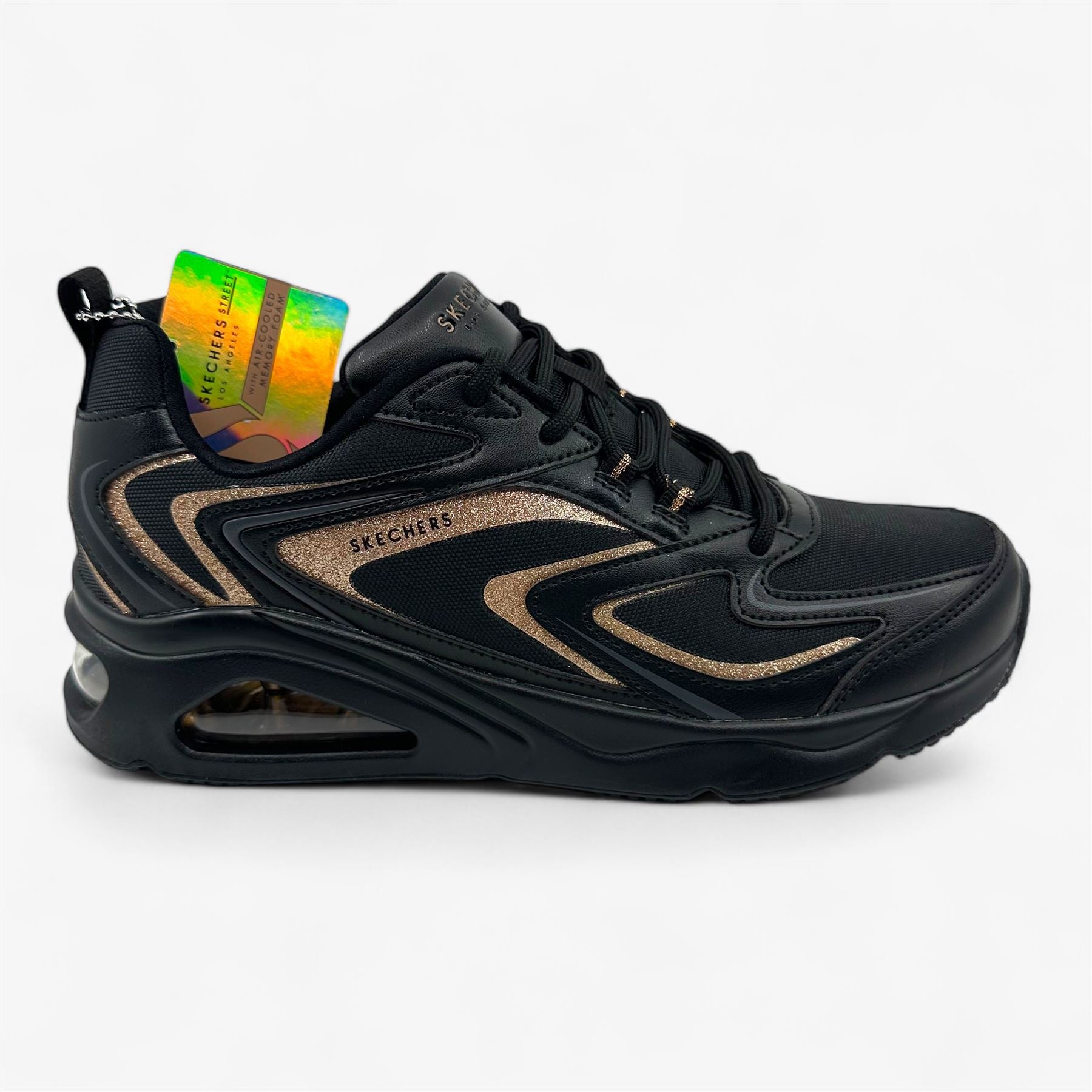 Skechers Tres Air Uno Shimm Airy Black Rose Gold Womens Athletic Sneaker