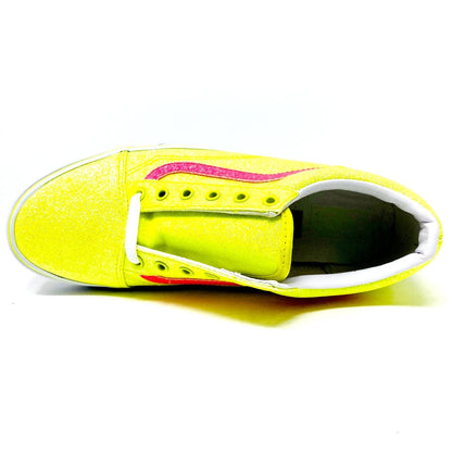 Vans Old Skool (Neon Glitter) Yellow True White Kids Girls Casual Sneakers