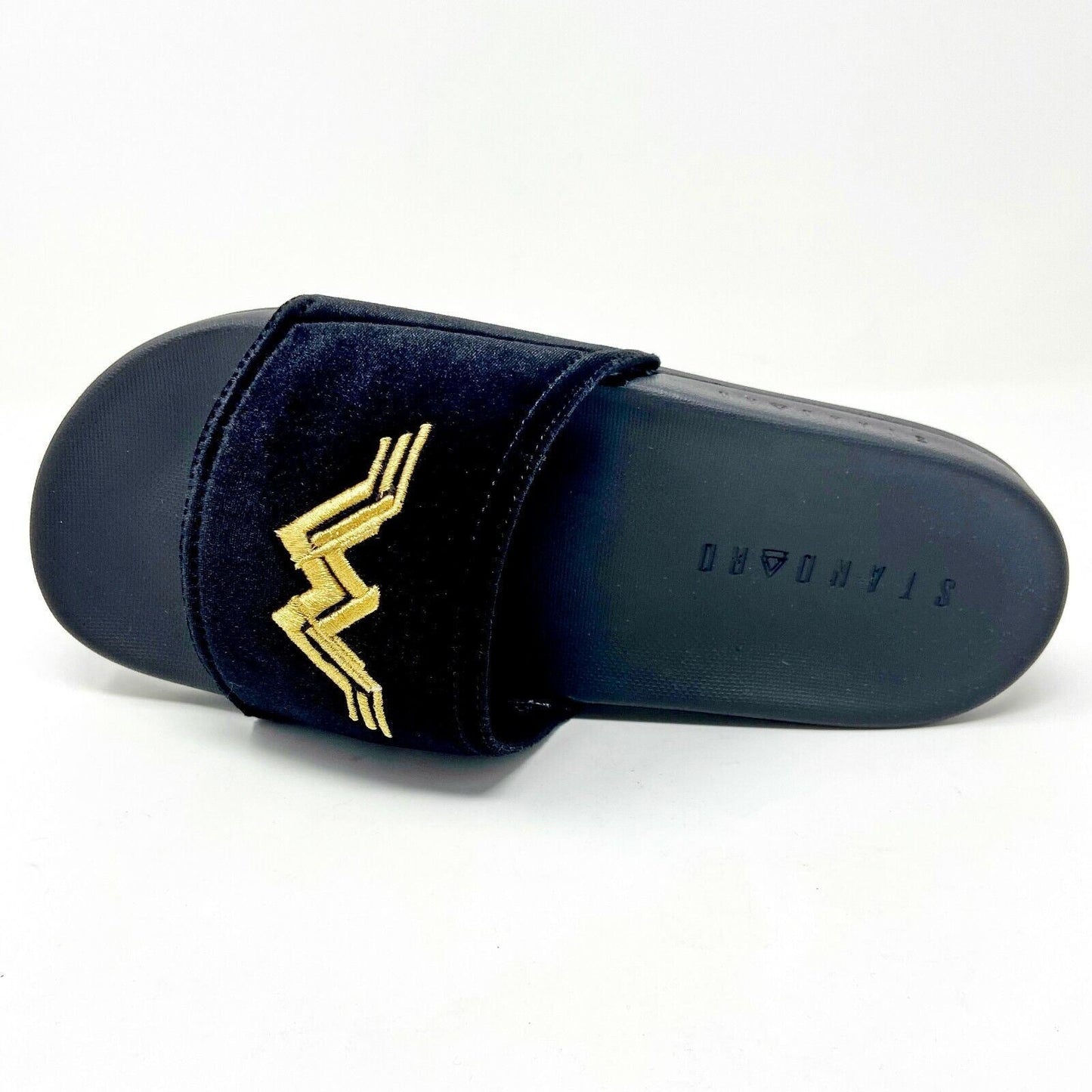 STNDRD Standard Monaco DC Comics Wonder Woman Black Gold Womens Slides Sandals