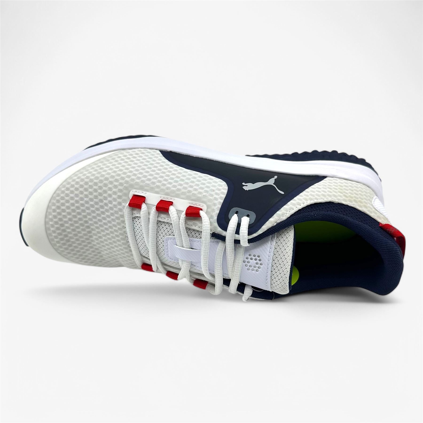 PUMA Fusion Grip White Silver Navy Mens Extra Wide Spikeless Golf Shoes