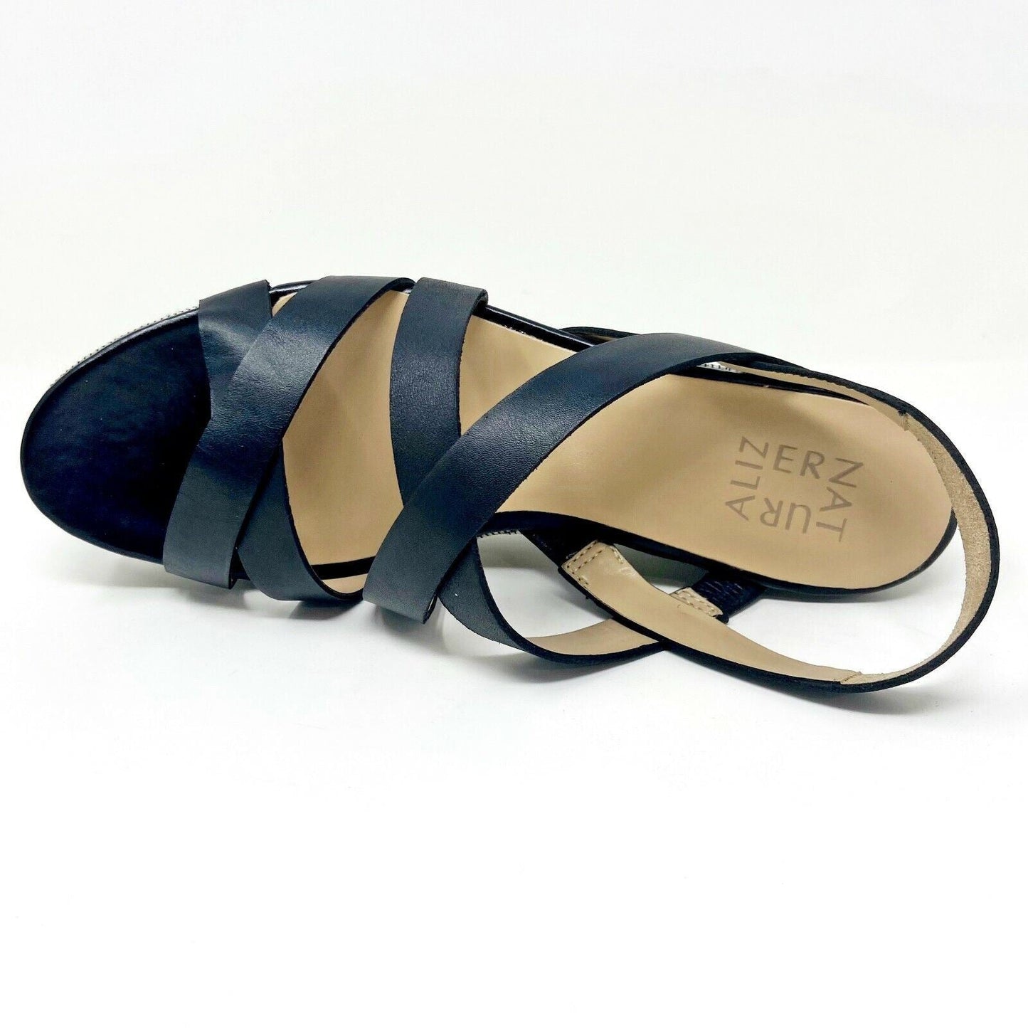 Naturalizer Unique Black Leather Womens Wedge Strappy Platform Sandals