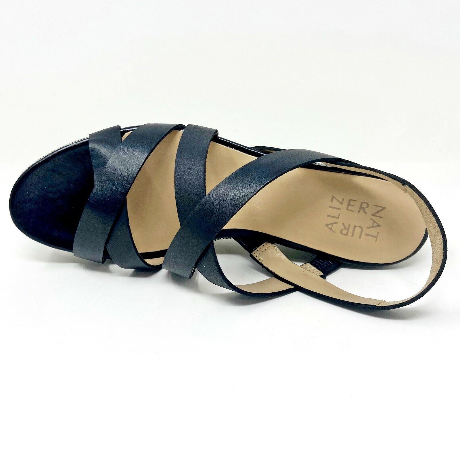 Naturalizer Unique Black Leather Womens Wedge Strappy Platform Sandals