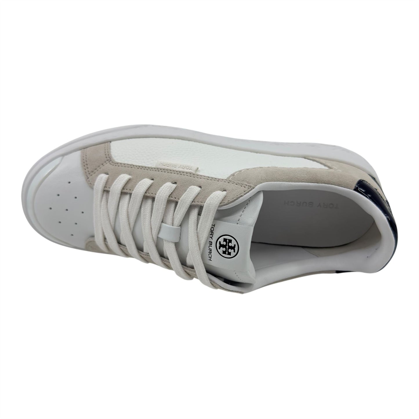 Tory Burch Ladybug Titanium White Black Womens Casual Tumbled Leather Sneaker