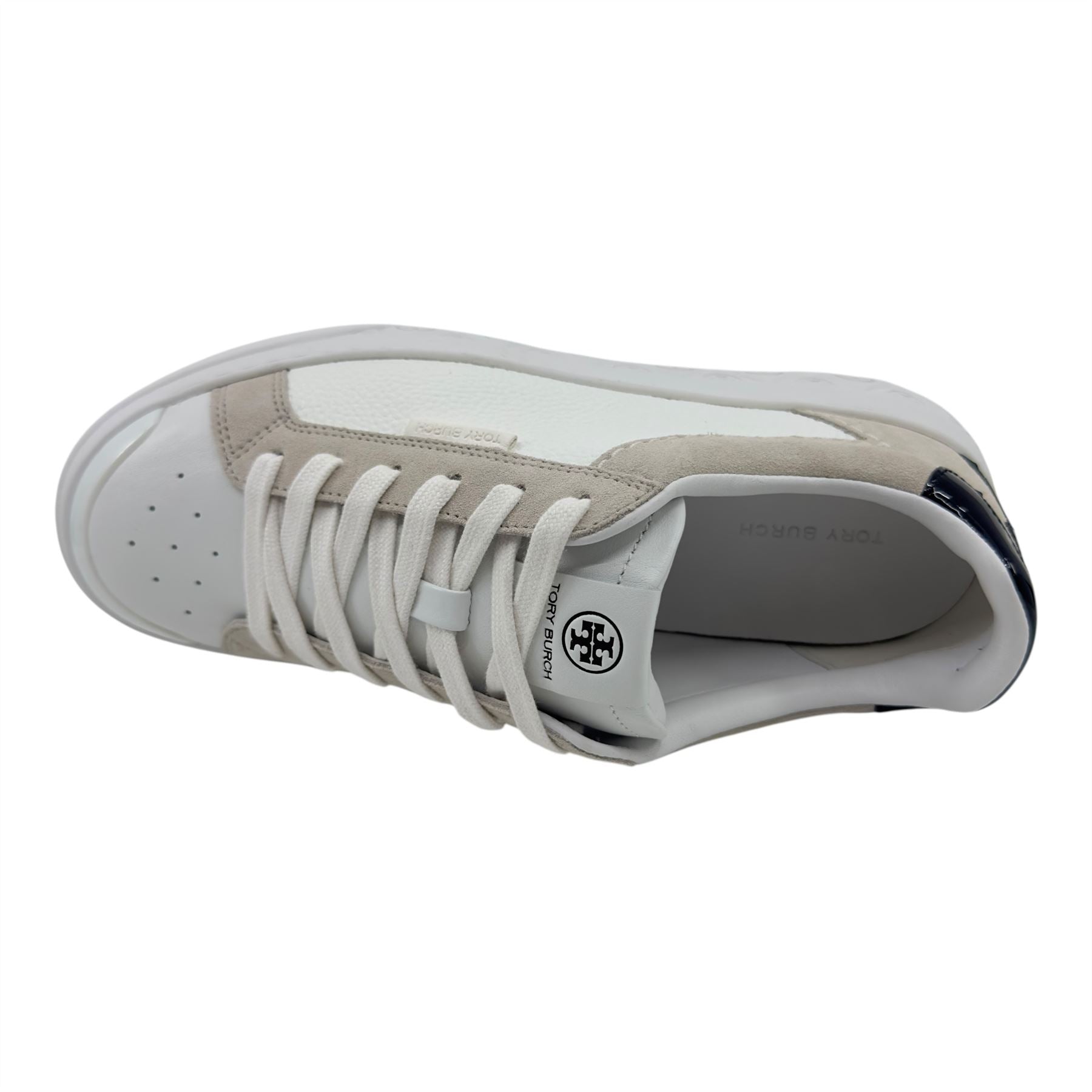 Tory Burch Ladybug Titanium White Black Womens Casual Tumbled Leather Sneaker