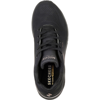 Women's Wide Fit Skechers 73690 Uno Stand On Air Walking Street Wear Trainers - Black/Black